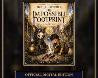 May include: A book cover titled Macabre Zen Archives MZA Jr. Explorer The Impossible Footprint Record No. 001 by Jennifer Fiore. It features a hooded creature with a lantern and a person with a magnifying glass examining a footprint in a library.