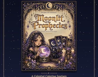 May include: A colouring book titled Moonlit Prophecies featuring a purple and gold cover with an illustration of a person holding a glowing crystal ball, a small winged creature, tarot cards, and candles. Text includes Macabre Zen Archives.
