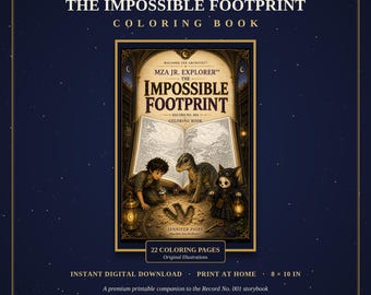 May include: The Impossible Footprint colouring book by Jennifer Fiore, Record No. 001, features an illustration of a person, a small dinosaur, and a cat-like creature examining a footprint in the dirt in front of an open book. It includes 22 pages.