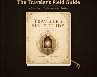 May include: A book titled The Traveler's Field Guide Volume One by Jennifer Fiore from The Macabre Zen Archives. The cover features a cream-coloured background with ornate gold filigree, a central archway illustration, a glowing galaxy, and a key.