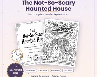 May include: Two activity books titled The Not-So-Scary Haunted House, featuring black and white line art of ghosts, children, pumpkins, and a cat. The set includes 154+ printable pages, a storybook, activity pages, colouring sheets, and treasures.