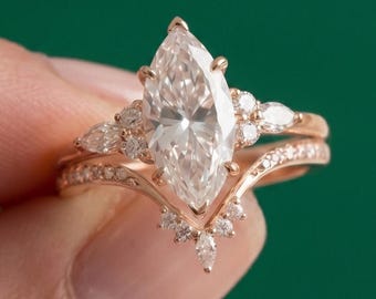 Marquise Cut Lab Diamond Engagement Ring, 14K Yellow Gold Curved Chevron Wedding Band, Unique Cluster Tiara Bridal Set Gift For Her