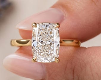 4 CT Elongated Cushion Lab Grown Diamond Engagement Ring, 14K Yellow Gold Solitaire Ring, Avery Cathedral Cushion Ring, Gift For Her