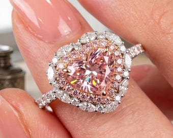 Heart Cut Pink Lab Diamond Engagement Ring, 14K White Gold Double Halo Pave Wedding Band, Unique Floral Cluster Anniversary Jewelry For Her