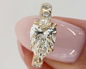 East West Pear Cut Lab Diamond Engagement Ring, 14K Yellow Gold Flush Bezel Set Band, Unique Modern Teardrop Solitaire Jewelry For Women