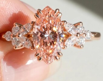 Fancy Pink Marquise Cut Lab Diamond Statement Ring, 14K Rose Gold Floral Cluster Band, Unique Boho Bridal Anniversary Jewelry For Women