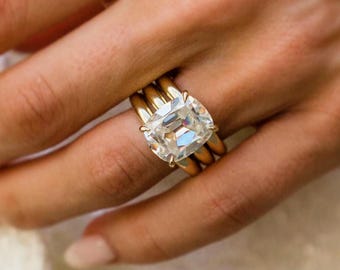 Antique Cushion Lab Diamond Bridal Stack Set | 14k Gold 3 Piece Engagement Ring | Old Mine Pillow Solitaire With 2 Wedding Bands