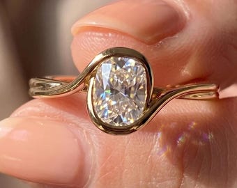 Oval Portrait Cut Lab Diamond Bypass Engagement Ring, 14K Yellow Gold Swirl Bezel Set Band, Unique Antique Facet Solitaire Gift For Her