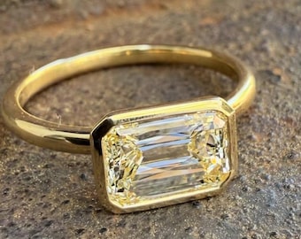 East West Emerald Cut Yellow Lab Diamond Engagement Ring, 14K Gold Horizontal Bezel Set Band, Unique Minimalist Solitaire Gift For Her