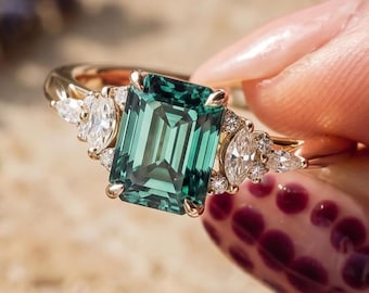 Emerald Cut Teal Green Lab Diamond Engagement Ring, 14K Yellow Gold Marquise Accent Wedding Band, Unique Vintage Bridal Jewelry For Women