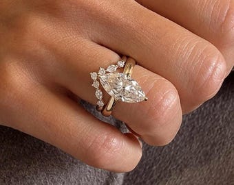 IGI Certified Lab Grown Marquise Diamond Engagement Ring Set, 14K Gold Marquise Solitaire Ring with Curved Chevron Wedding Band Bridal Set