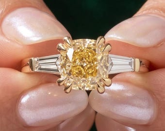 Fancy Yellow Cushion Cut Lab Diamond Engagement Ring, 14k Gold Tapered Baguette Three Stone Bridal Jewelry, Gift For Her