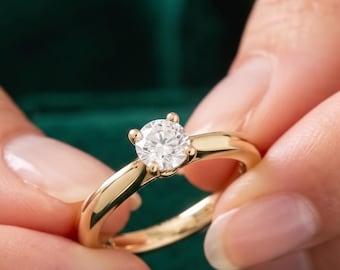 Round Cut Lab Diamond Solitaire Engagement Ring, 14K Yellow Gold Timeless Cathedral Four Prong Plain Sleek Stacking Jewelry For Her