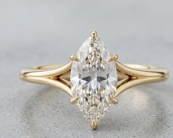 Marquise Lab Grown Diamond Promised Ring, Split Shank Statement Ring, Solid Gold Unique Solitaire Minimalist Architectural Gift For Women