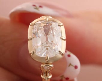 Antique Old Mine Cushion Cut 3CT Lab Diamond Art Deco  Engagement Ring | 14K Yellow Gold Bezel  Wedding Band