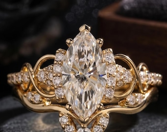 Marquise Cut Lab Diamond Engagement Ring, 14K Yellow Gold Curved Chevron Wedding Band, Unique Filigree Tiara Vintage Bridal Set Gift For Her