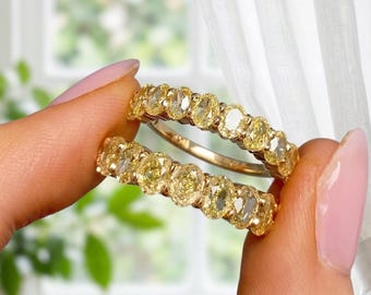Fancy Canary Yellow Oval Diamond Band 14K Gold Wedding Ring For Women, Lab Grown Eternity Stacking Jewelry, Unique Anniversary Gift Her