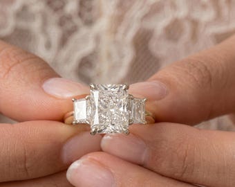 Radiant Cut Lab Grown Diamond Engagement Ring, 14K Yellow Gold Three Stone Wedding Band, Unique Trilogy Luxury Bridal Jewelry For Women