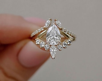 IGI Certified Pear Cut Lab Diamond Engagement Ring, 14K Gold Tiara Chevron Nesting Bridal Set, Vintage Marquise Wedding Ring For Women