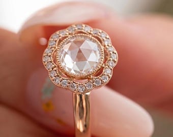 Round Rose Cut Lab Diamond Engagement Ring, 14K Yellow Gold Scalloped Flower Wedding Band, Antique Vintage Halo Jewelry For Women
