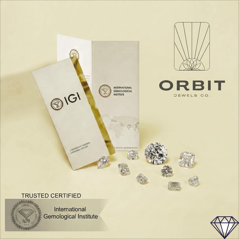May include: An assortment of sparkling diamonds of various cuts and sizes, including round, emerald, and cushion cuts, are displayed on a light beige surface. Accompanying the diamonds are IGI certification documents, with the Orbit Jewels Co. logo visible.