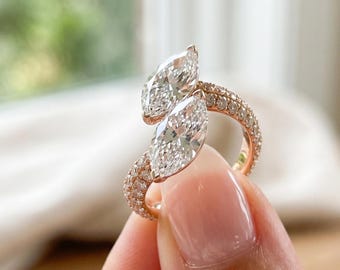 Toi Et Moi Double Marquise Cut Diamond Engagement Ring, 14K Solid Gold Pave Wedding Band, Unique Two Stone Celestial Statement Jewelry