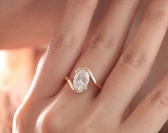 Oval Lab Diamond Engagement Ring, 14k Gold Bypass Wave Band, Half Bezel Solitaire