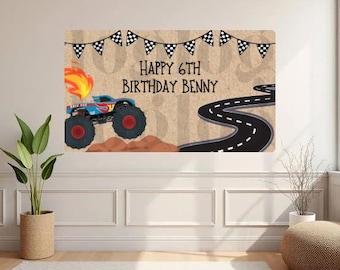 Plantillas personalizables para pancartas de cumpleaños con temática de Monster Trucks (4 incluidas)