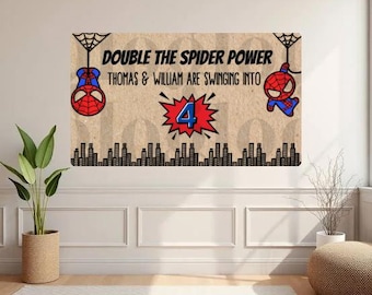 Plantillas personalizables para pancartas de cumpleaños de gemelos con temática de Spider-Man (4 incluidas)