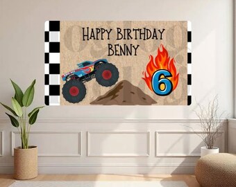Plantillas personalizables para pancartas de cumpleaños con temática de Monster Trucks (4 incluidas)