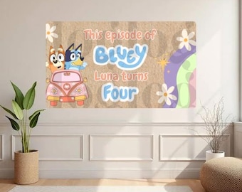 Plantillas personalizables para pancartas de cumpleaños con temática de Bluey (2 incluidas)