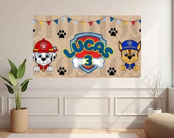 Plantilla de banner personalizable para cumpleaños con temática de Paw Patrol