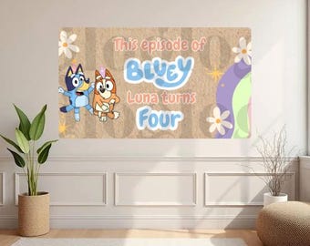 Plantillas personalizables para pancartas de cumpleaños con temática de Bluey (2 incluidas)