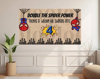 Plantillas personalizables para pancartas de cumpleaños de gemelos con temática de Spider-Man (4 incluidas)