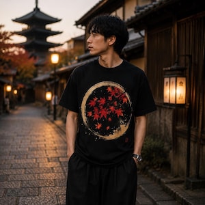 T-shirt aquarelle Enso Circle en érable du Japon | Art zen feuilles d'automne | Chemise nature japonaise minimaliste