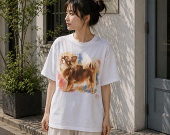 Japanese Ink Long Hair Chihuahua T-Shirt | Full Body Watercolor Dog Art | Cute Chihuahua Lover Gift | Unisex Graphic Tee