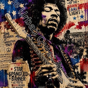 May include: A poster featuring a portrait of Jimi Hendrix playing an electric guitar against a background of the American flag. Text includes O, SAY CAN YOU SEE BY THE DAWN'S EARLY LIGHT, JIMI HENDRIX AT WOODSTOCK 1969, and THE STAR SPANGLED BANNER.