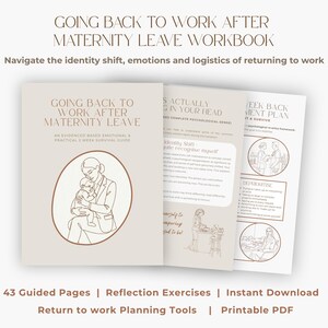 Puede incluir: Un libro de ejercicios beige titulado Going Back to Work After Maternity Leave, con una ilustración lineal de una persona sosteniendo a un bebé. El documento incluye 43 páginas guiadas, ejercicios de reflexión y herramientas de planificación en PDF.