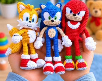 Patrón de amigurumi de ganchillo inspirado en Sonic | Paquete de patrones en PDF de Sonic, Tails y Knuckles | Ganchillo fácil para juguetes de peluche