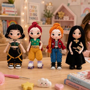 Könnte beinhalten: Vier handgefertigte Häkelpuppen mit verschiedenen Frisuren und Outfits. Eine Puppe trägt ein schwarzes Outfit mit Kettengürtel, eine andere ein grünes Oberteil und eine gelbe Hose, eine dritte Puppe hat rotes Haar und eine rote Jacke, und die letzte Puppe trägt ein schwarzes Kleid.