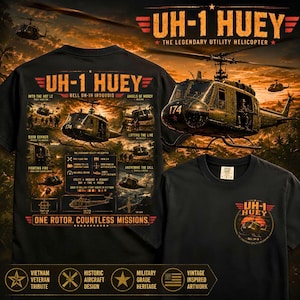 Pode incluir: Uma t-shirt preta com um gráfico detalhado do helicóptero UH-1 Huey. O design das costas inclui especificações técnicas, descrições de missões e o texto 'ONE ROTOR. COUNTLESS MISSIONS.' O peito apresenta um logótipo circular mais pequeno com o helicóptero e o texto 'UH-1 HUEY THE LEGENDARY UTILITY HELICOPTER'.