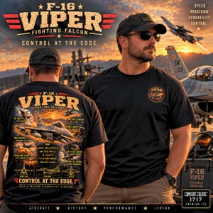 Puede incluir: Una camiseta negra con un gráfico de un F-16 Viper Fighting Falcon. La parte trasera muestra especificaciones técnicas, siluetas de aviones y el texto F-16 Viper Fighting Falcon Control at the Edge. El frente tiene un pequeño logotipo circular.