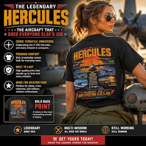 May include: A black t-shirt featuring a large graphic on the back depicting various C-130 Hercules aircraft in flight with the text "HERCULES" and "THE AIRCRAFT THAT DOES EVERYONE ELSE'S JOB" printed in bold yellow and white lettering.