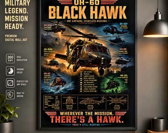 Könnte beinhalten: Ein vertikales Wandkunst-Poster mit einem UH-60 Black Hawk Hubschrauber im Flug. Das Design enthält technische Diagramme, Missionssymbole und den Text 'UH-60 BLACK HAWK' sowie 'WHEREVER THE MISSION. THERE'S A HAWK.' vor einem dunklen, dramatischen Hintergrund.