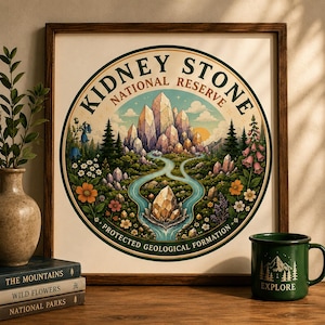 May include: A framed print featuring a circular design with the text "Kidney Stone National Reserve." The artwork depicts a landscape with a river, mountains, and colorful flowers. A green mug with the word "Explore" sits nearby.