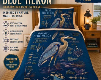 Blue Heron Cotton Duvet Cover Set | Nature Illustration Bedding | Coastal Cottage Decor