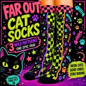 May include: A pair of black socks featuring a neon green and black checkered pattern, black cat faces, pink fish skeletons, and colorful paw prints. The text on the image reads FAR OUT CAT SOCKS, 3 WILD PATTERNS, ONE EPIC PAIR, PAWSITIVELY PURR-FECT, NEON CATS GOOD VIBES ZERO BORING.