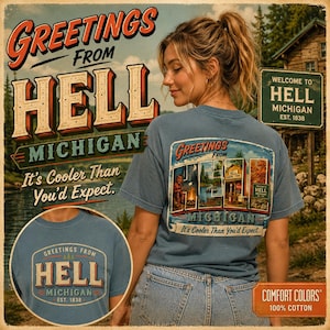 May include: A blue t-shirt featuring a graphic print on the back with the text Greetings From Hell Michigan It's Cooler Than You'd Expect and a smaller matching graphic on the front chest area with the text Greetings From Hell Michigan Est 1838.