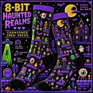 8-Bit-Halloween-Socken | Retro-Pixel-Art-Gamer-Socken im Haunted-Realms-Stil