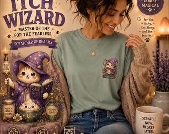 Certified Itch Wizard Cat Tee, Cozy Fantasy Sensitive Skin Shirt, Comfort Colors Graphic Tee